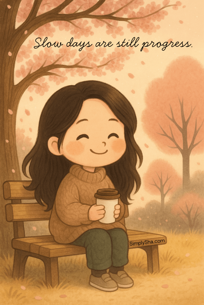 Chibi-style illustration of a girl sitting on a wooden bench with a warm drink, surrounded by soft pink trees and falling petals, with the quote ‘Slow days are still progress.