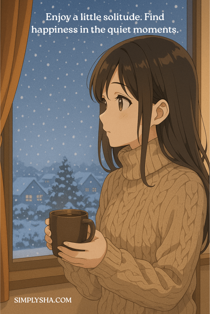 An anime-style illustration of a woman in a cozy sweater holding a cup of coffee while gazing out a window at falling snow and peaceful winter houses. The quote reads, “Enjoy a little solitude. Find happiness in the quiet moments."