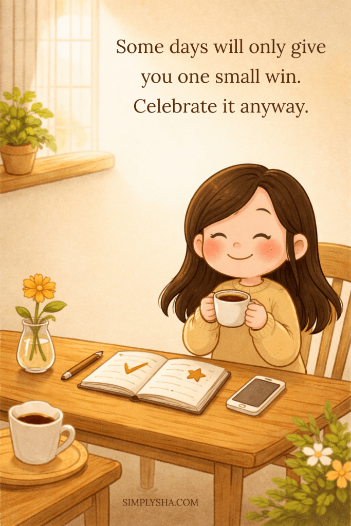 Chibi-style illustration of a smiling girl holding a cup of coffee at a wooden desk with a notebook and flower vase