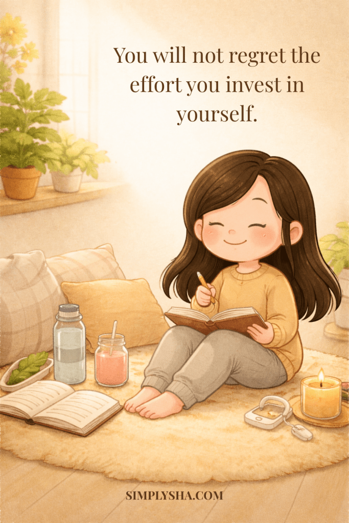 Girl sitting on the floor writing in a journal beside books, a candle, and plants, with the quote “You will not regret the effort you invest in yourself”