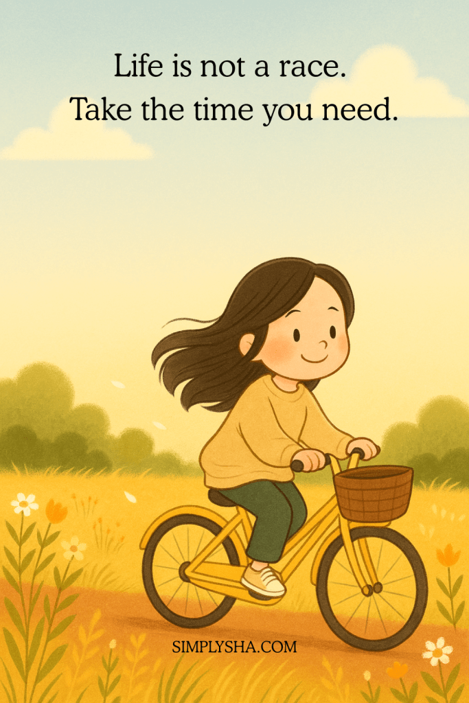 Soft illustration of a girl riding a yellow bicycle through a sunny field