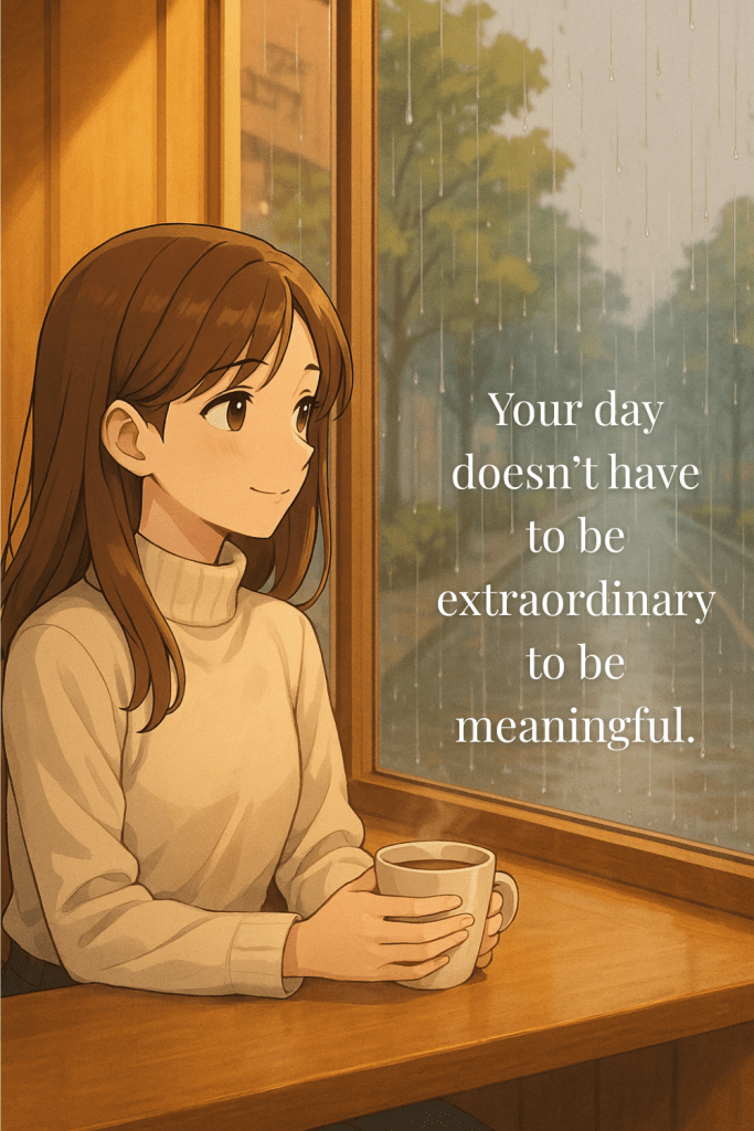 Illustration of a young woman sitting by a window on a rainy day, holding a warm drink