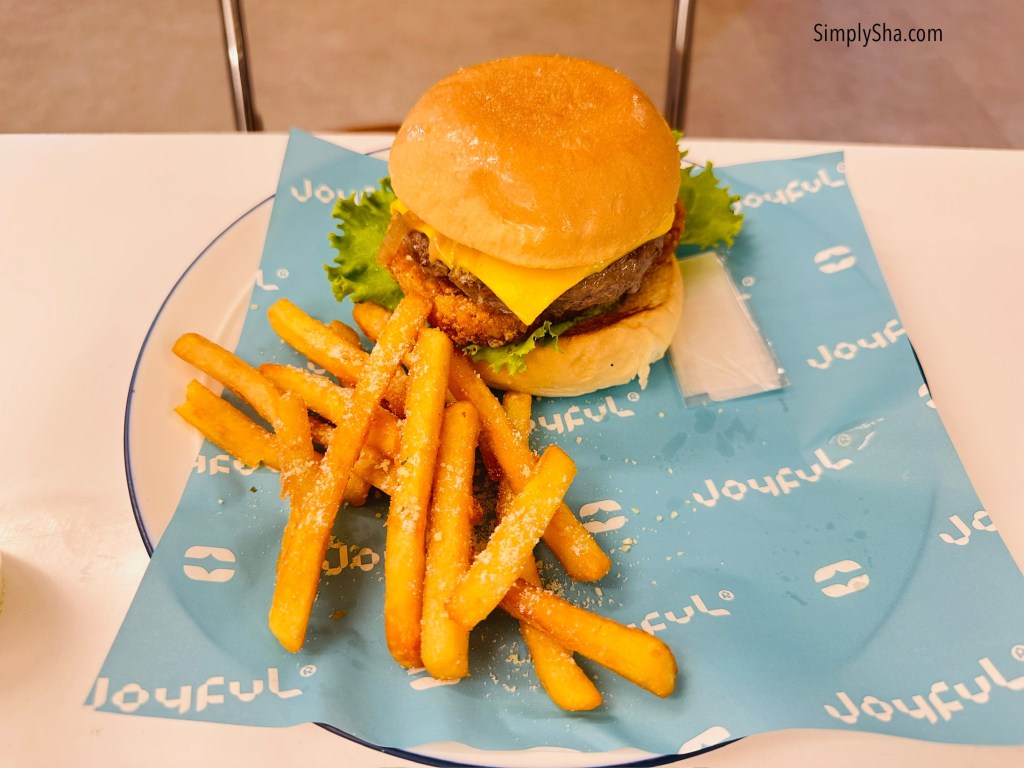Burger and fries served at Joyful restaurant in Ximending, Taipei