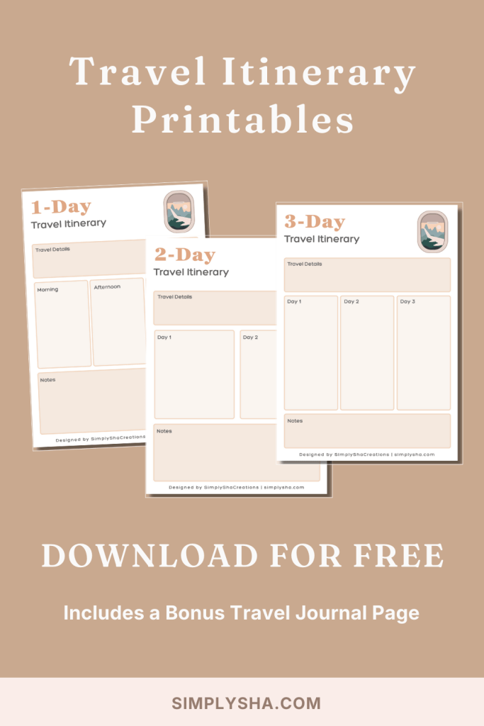Free printable travel itineraries for 1–3 day trips with bonus travel journal