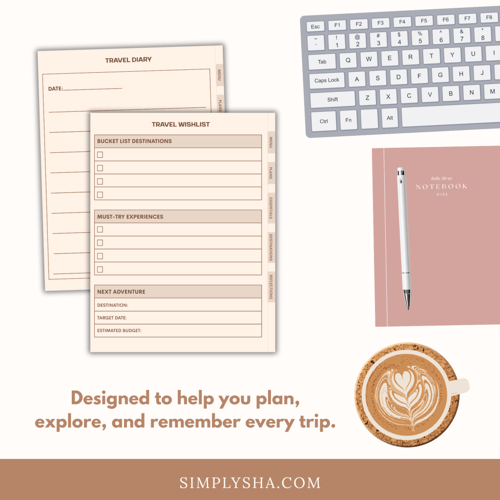 Minimalist digital travel planner pages showing travel diary and travel wishlist layouts, designed to help plan, explore, and remember every trip.