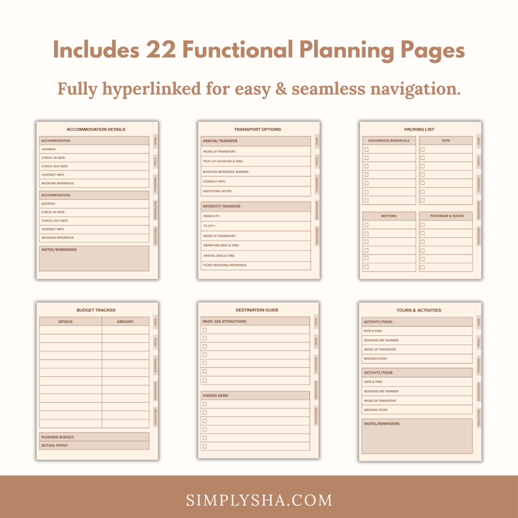 Overview of minimalist digital travel planner pages including accommodation details, transport options, packing list, budget tracker, destination guide, and tours and activities pages.