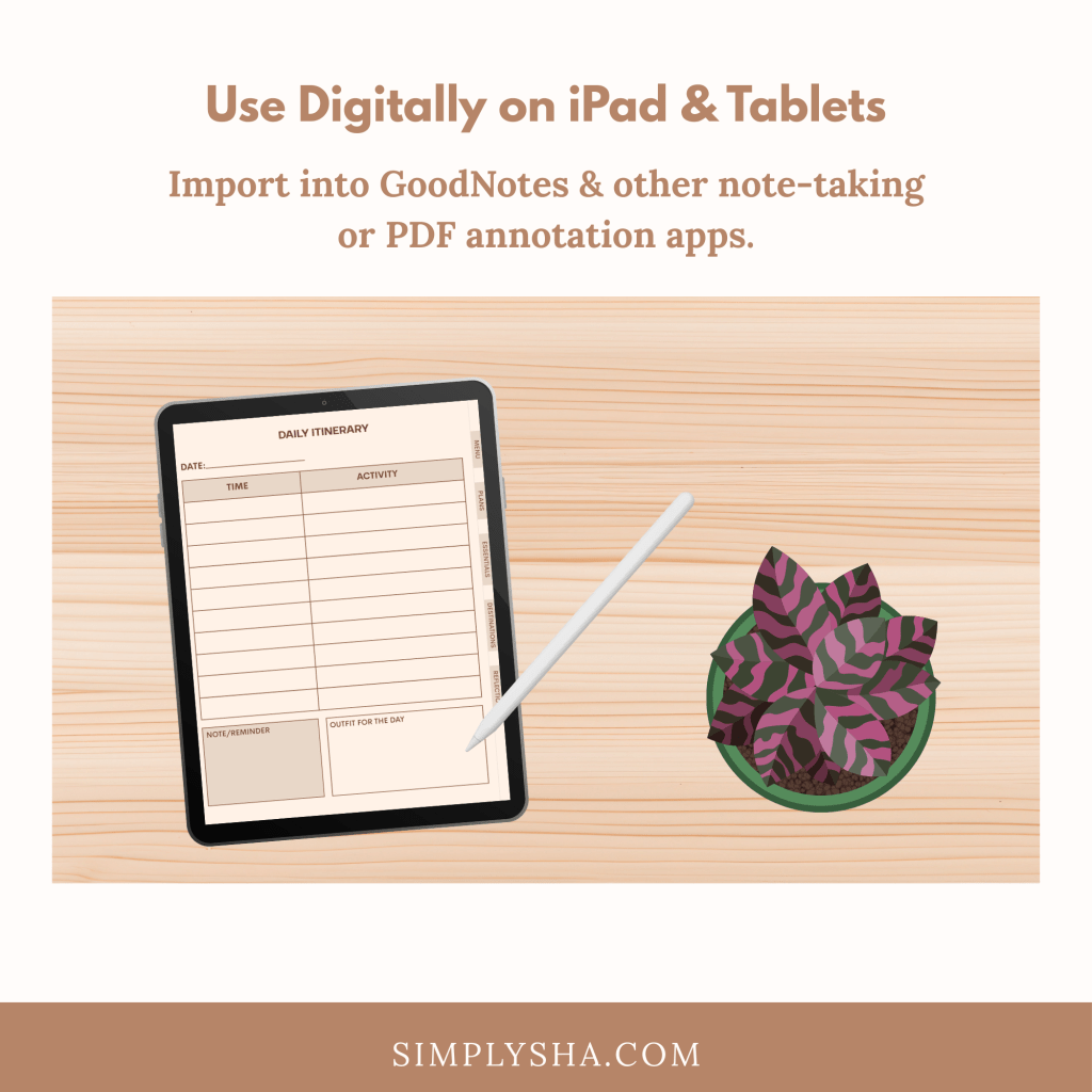 Minimalist digital travel planner displayed on an iPad with daily itinerary page, designed for use with GoodNotes and other PDF annotation apps.