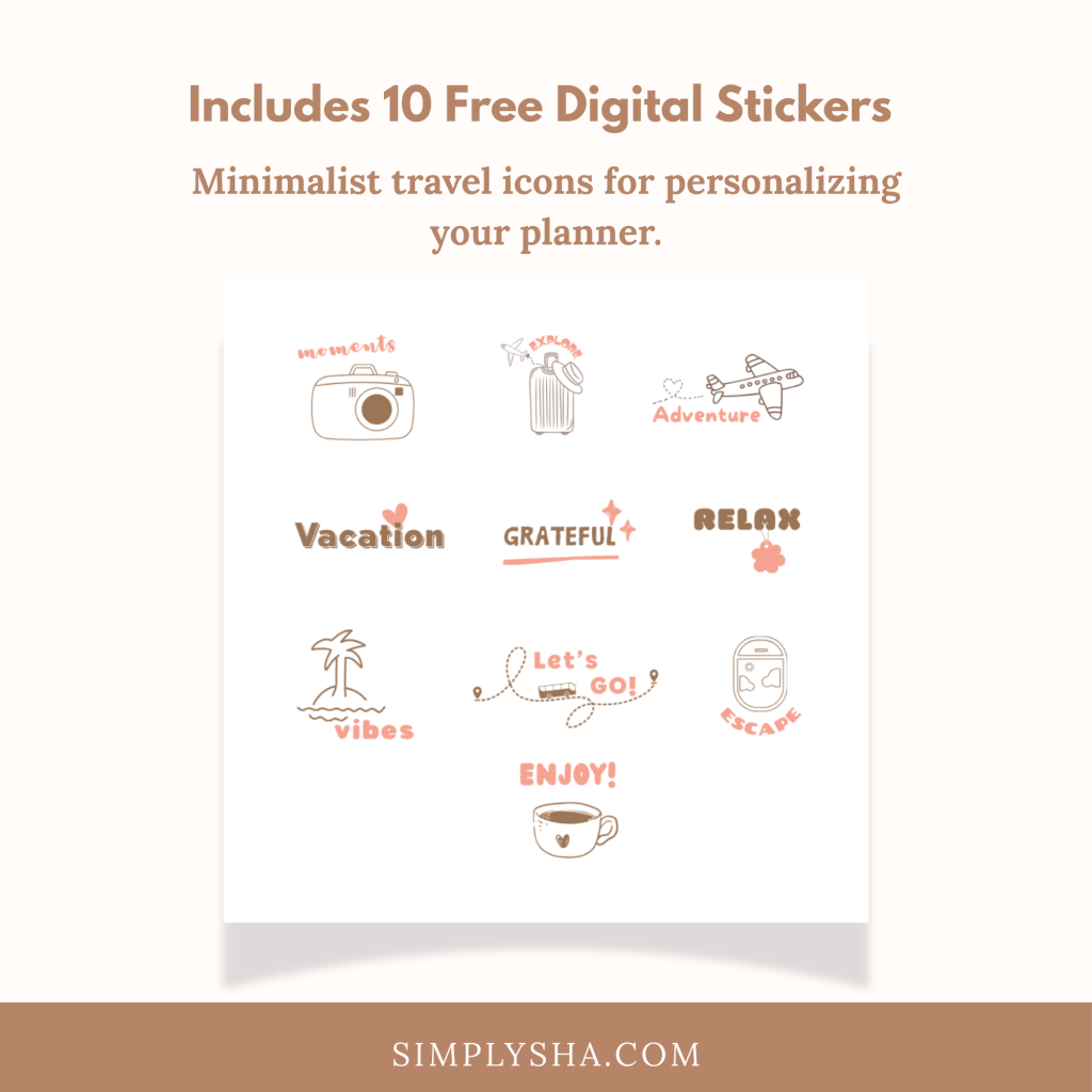 Minimalist travel planner stickers featuring travel icons and words like vacation, adventure, relax, and enjoy, included as free digital stickers for personalizing your planner.