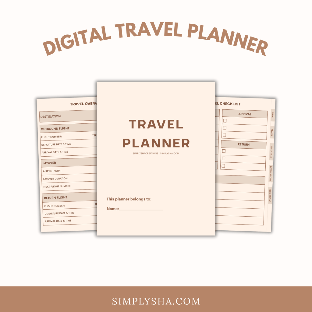 Minimalist digital travel planner with neutral beige design, featuring a fully hyperlinked travel planner for organizing trips on iPad and tablets.