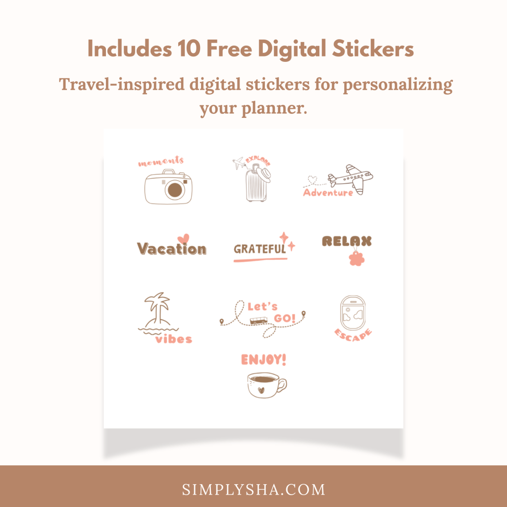 Travel-inspired stickers featuring words like vacation, adventure, relax, and enjoy, included as free digital stickers