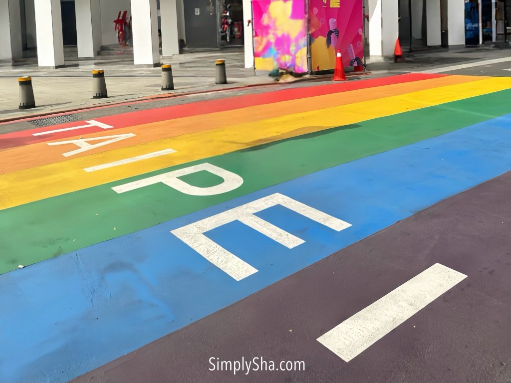 Rainbow pedestrian crossing in Ximending, Taipei, symbolizing the area’s vibrant and inclusive atmosphere