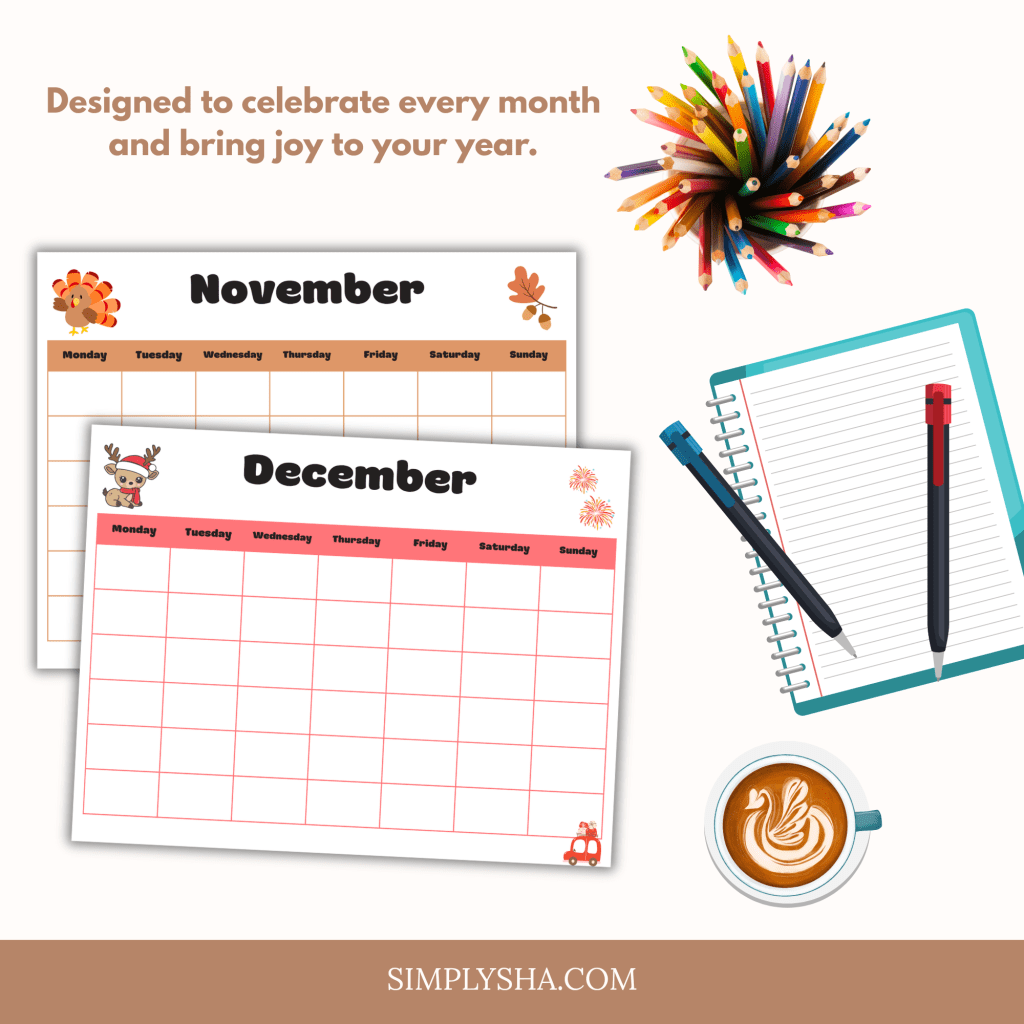 Printable undated calendar with December and January monthly pages featuring reindeer and penguin designs.