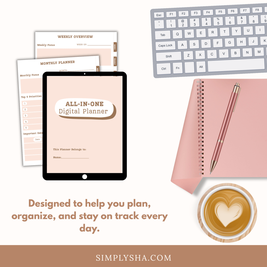 Soft minimalist peach digital planner displayed on an iPad, styled with a keyboard, pink notebook, pen, and coffee cup.