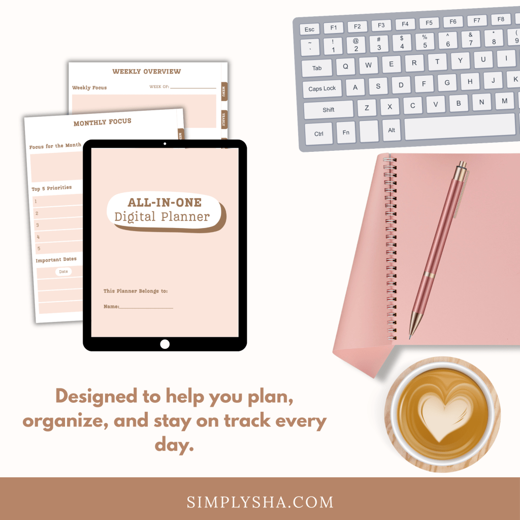 Soft minimalist peach digital planner displayed on an iPad, styled with a keyboard, pink notebook, pen, and coffee cup.