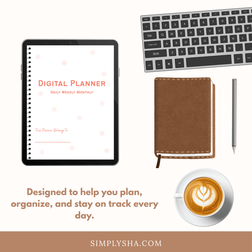 digital planner for iPad with a soft peach minimalist layout, spiral binding design, and daily, weekly, and monthly pages displayed on a tablet with workspace elements.