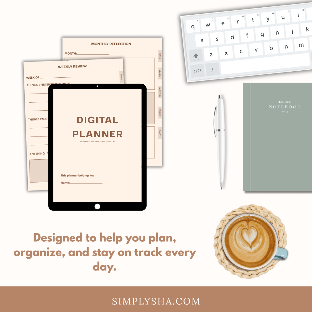 Digital Planner for iPad and GoodNotes, styled on a desk with coffee, notebook, pen, and keyboard.