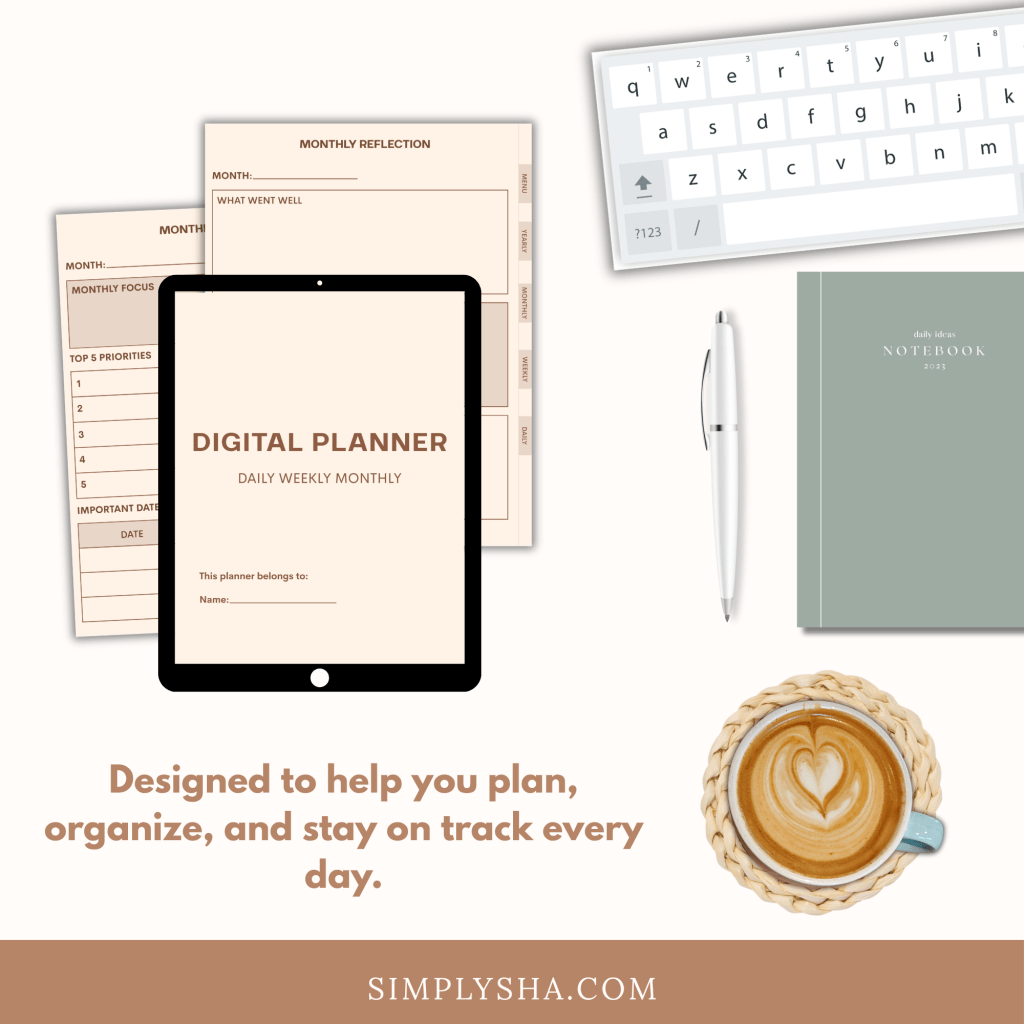 Digital Planner for iPad and GoodNotes, styled on a desk with coffee, notebook, pen, and keyboard.