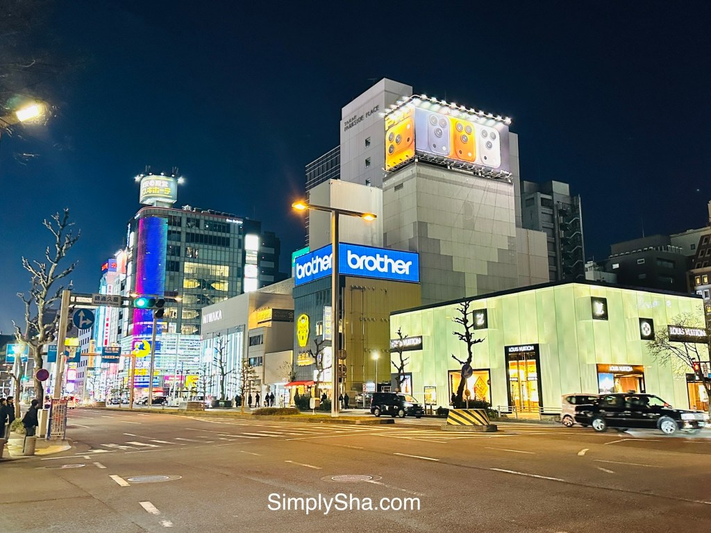 Sakae district street at night with shops and city lights in Nagoya