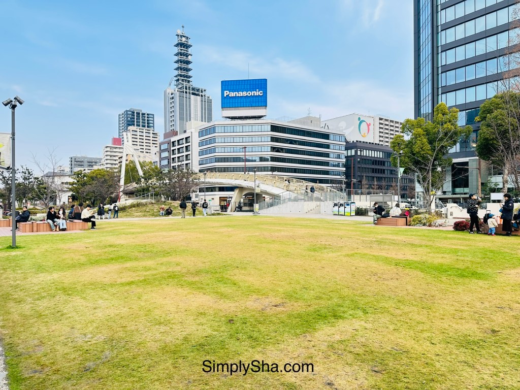 Open lawn area at Hisaya Odori Park with city buildings in Sakae Nagoya