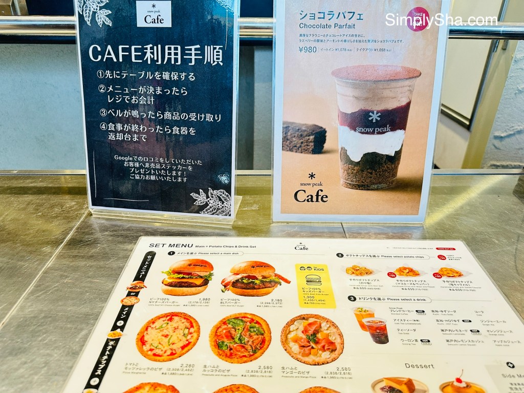 Cafe menu and dessert display at Snow Peak Cafe in Nagoya