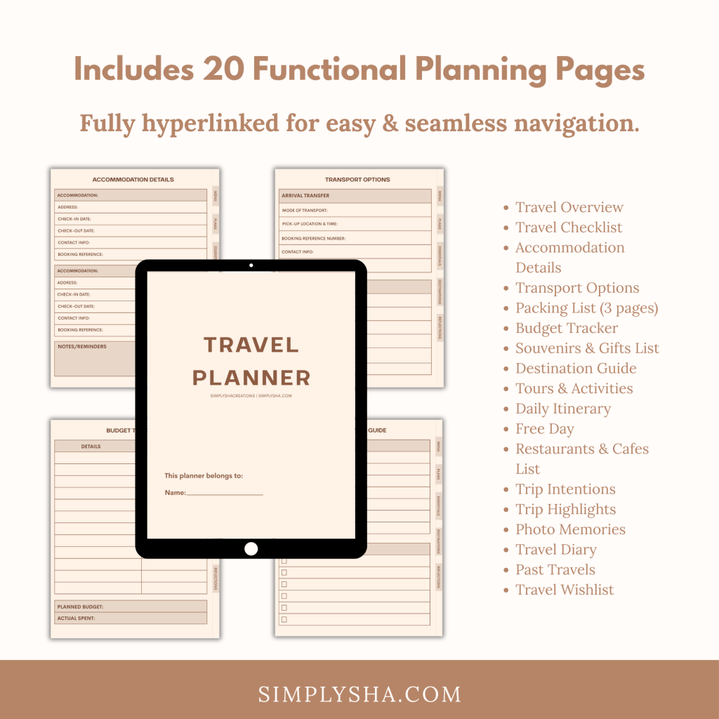 Overview of minimalist digital travel planner pages including accommodation details, transport options, packing list, budget tracker, destination guide, and tours and activities pages.