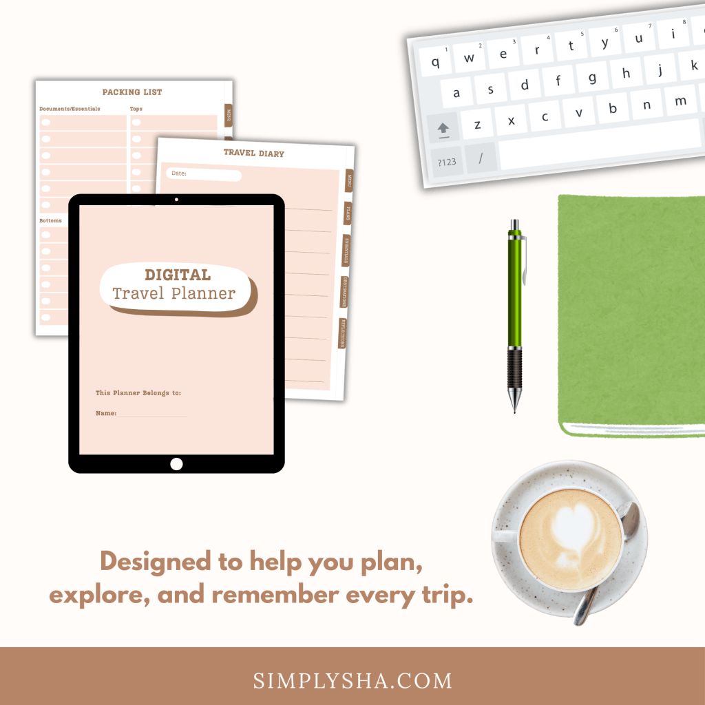 Soft minimalist peach digital travel planner displayed on an iPad, styled with a keyboard, green notebook, pen, and coffee cup, designed for iPad and GoodNotes.