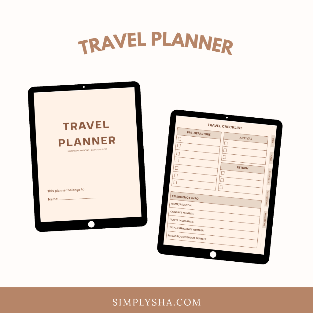 Minimalist digital travel planner with neutral beige design, featuring a fully hyperlinked travel planner for organizing trips on iPad and tablets.