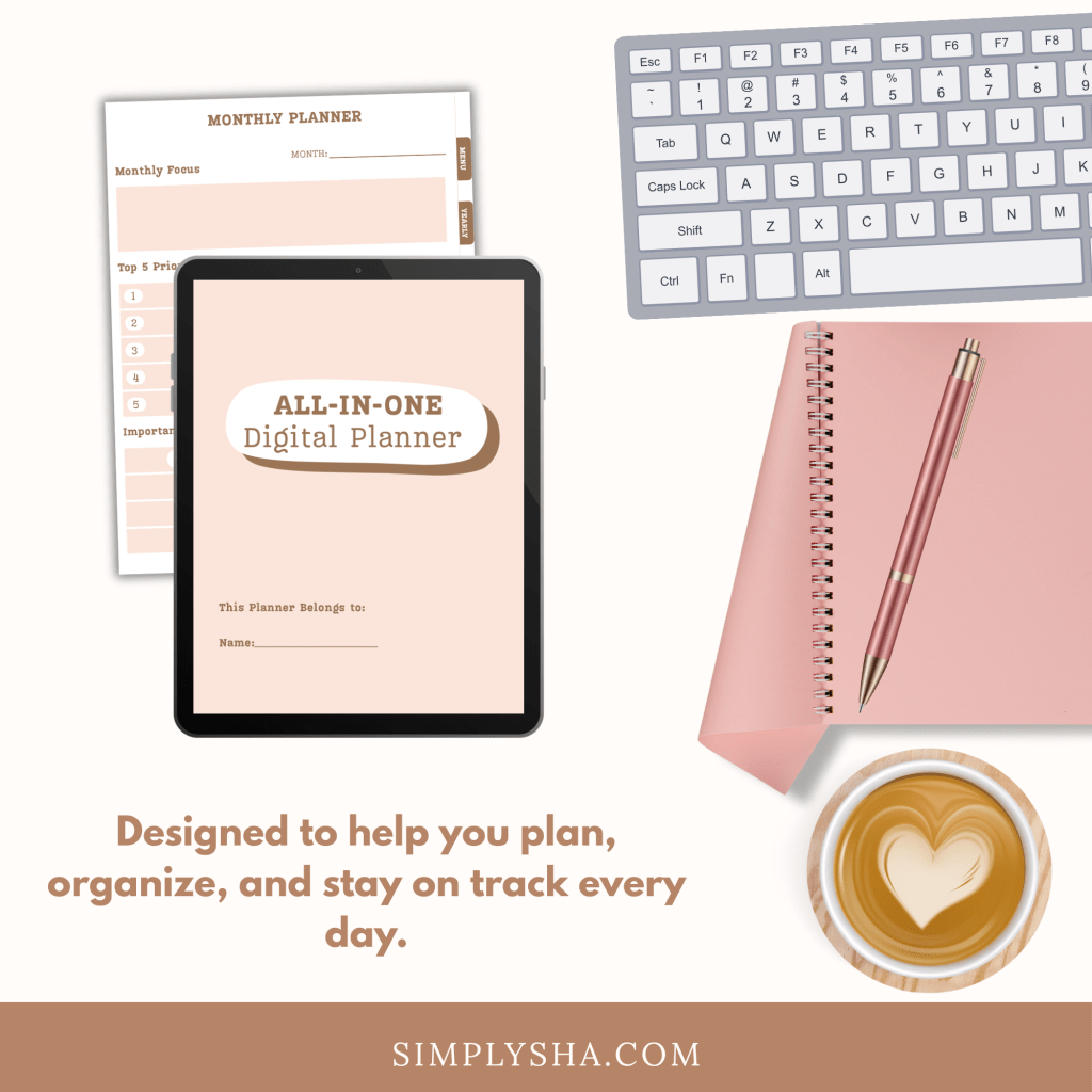 Soft minimalist peach digital planner displayed on an iPad, styled with a keyboard, pink notebook, pen, and coffee cup.
