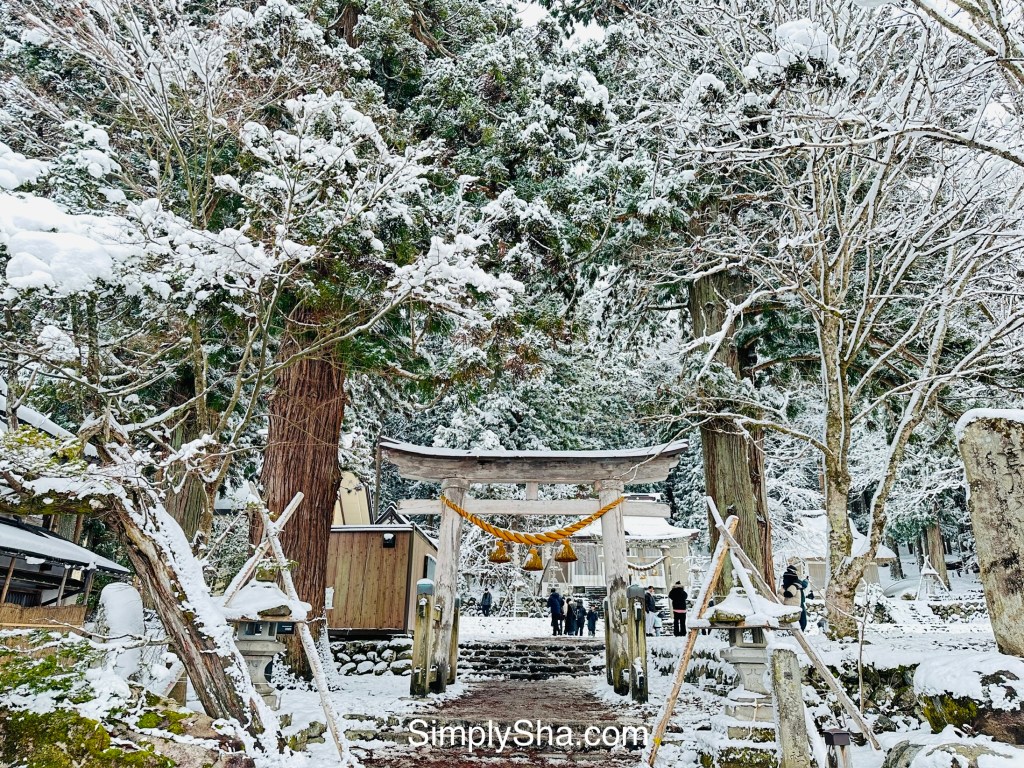 snow-covered torii gate at a shrine in Shirakawa-go surrounded by trees in winter