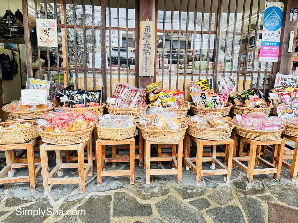 souvenir shop in Shirakawa-go with local snacks and products on display