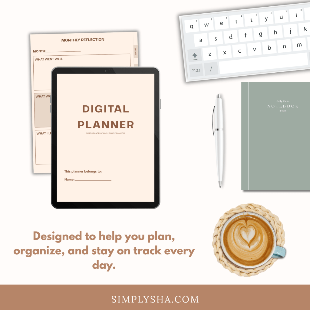 Digital Planner for iPad and GoodNotes, styled on a desk with coffee, notebook, pen, and keyboard.