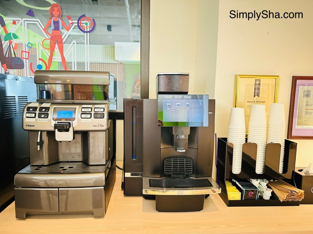 Complimentary coffee and beverage station at The Beacon in Mong Kok, Hong Kong