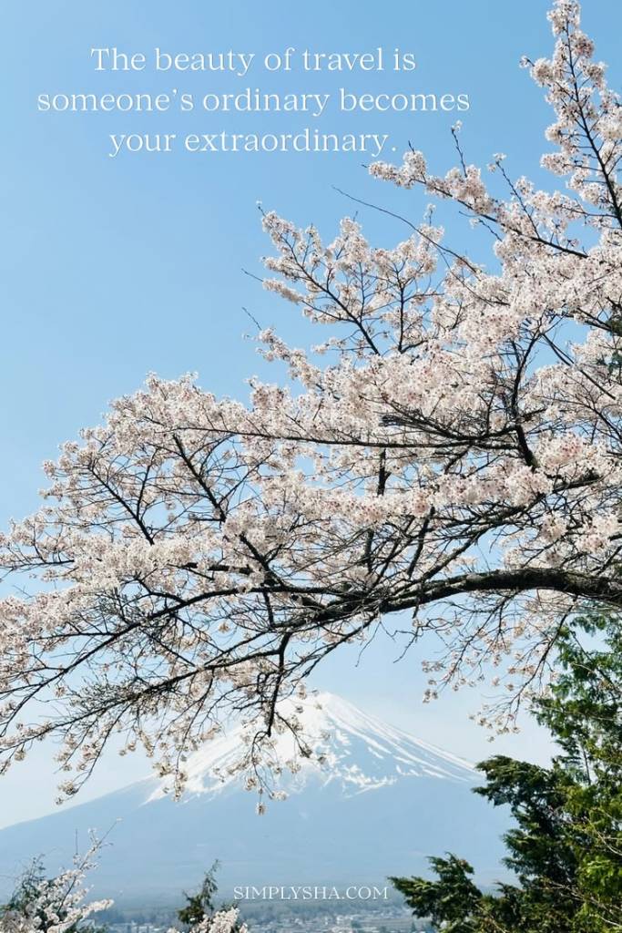 Travel quote about finding extraordinary beauty in ordinary places with cherry blossoms and Mount Fuji in the background.