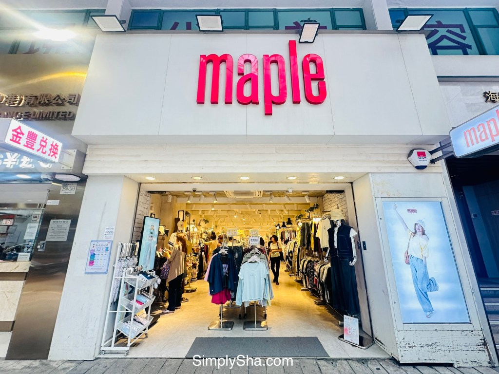 Entrance to Maple clothing store displaying women’s apparel in Sheung Wan, Hong Kong.